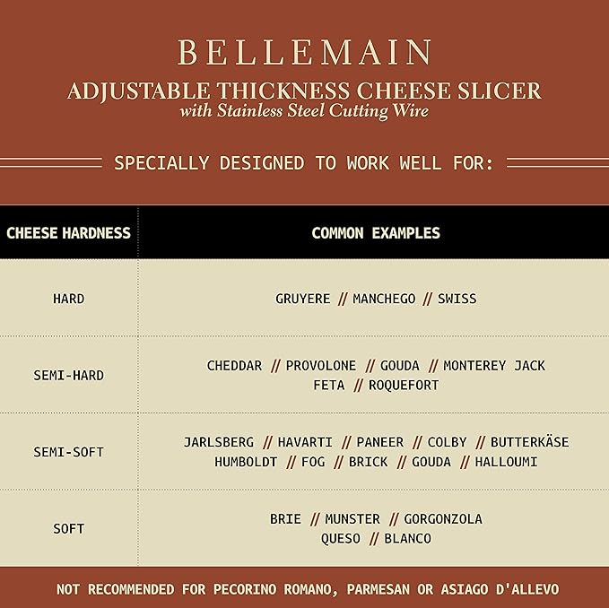 Bellemain Stainless Steel Wire Cheese Slicer - Hand Held Cheese Cutter for Cheddar, Gruyere, Raclette, Mozzarella Block, Adjustable Shaver, Thick & Thin Slicer, Curler (Rose Gold)