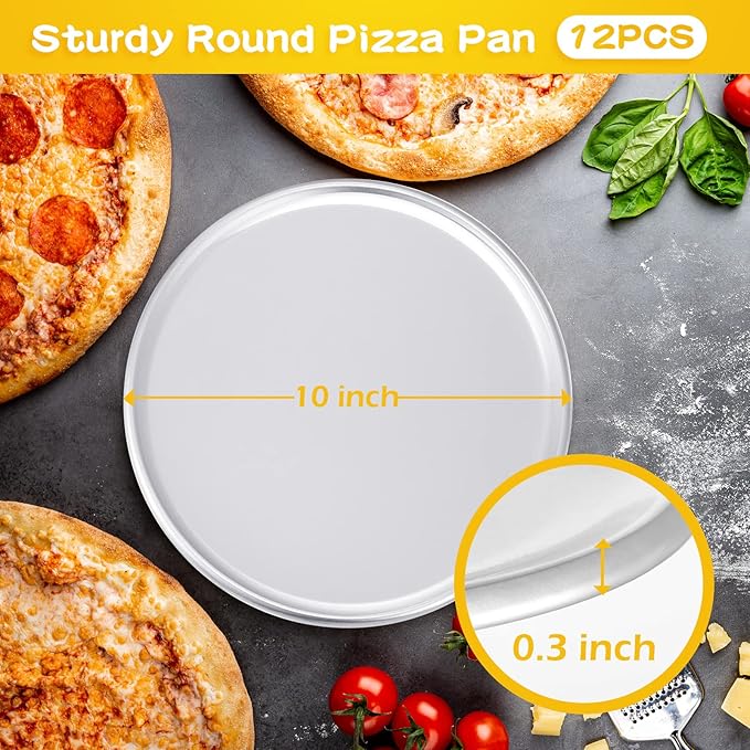 Rtteri 12 Pcs Pizza Pan Bulk Restaurant Aluminum Pizza Pan Set Round Pie Cake Plate Rust Free Cake Tray for Oven Baking Home Kitchen Restaurant Easy Clean (10 Inch)