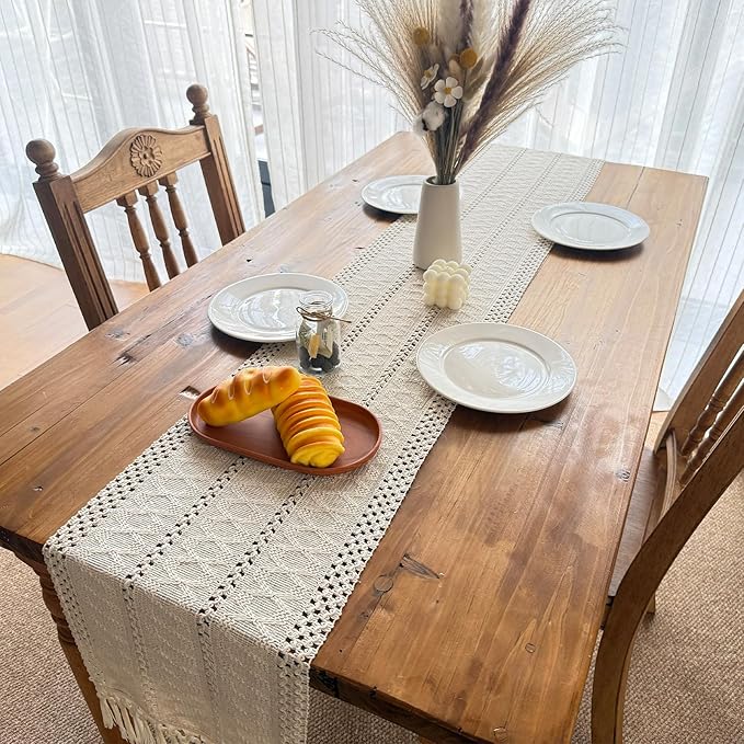 Macrame Table Runner Cream Beige Boho Table Runners with Tassels 72 Inches Long, Rustic Farmhouse Table Runners for Living Room Bridal Shower(12x72in)