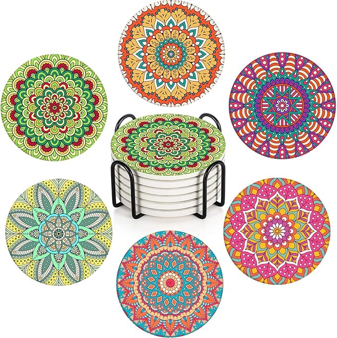 Coaster for Drinks Set of 6, Moroccan Bohemian Mandala Colorful Pink Green Absorbent Round Ceramic Stone Mat, with Cork Base and Metal Holder, Gift for Housewarming Room Bar Decor