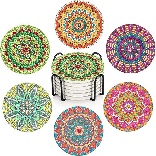 Coaster for Drinks Set of 6, Moroccan Bohemian Mandala Colorful Pink Green Absorbent Round Ceramic Stone Mat, with Cork Base and Metal Holder, Gift for Housewarming Room Bar Decor