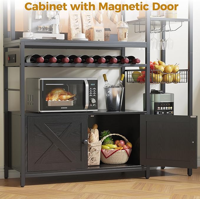 IRONCK Bakers Rack with Power Outlet, 47.24 Inch Coffee Bar Cabinet, Kitchen Microwave Stand with Storage, Kitchen Shelf with Shelves, LED Light, Globlet Holder and Wine Basket, Black