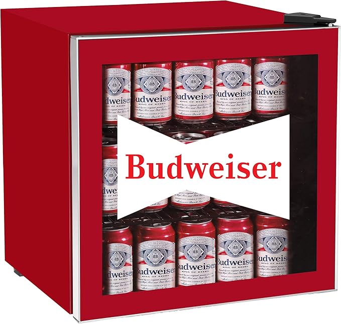 CURTIS MIS168BUD Budweiser Mini Beverage Cooler - 70 Can or 17 Bottles Beer Fridge with Glass Door for Soda + Adjustable Thermostat, Perfect for Home, Office, or Dorm, 1.8 cu ft
