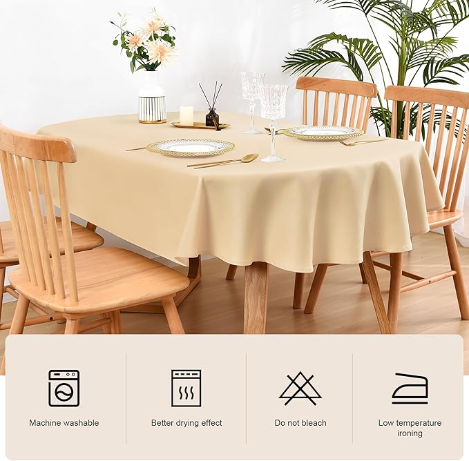 Wolkemer Oval Tablecloth 60 x 84 Inch Washable Fabric Table Cloth Solid Beige Table Cover for Dining Wedding Party Banquet Tabletop Decoration