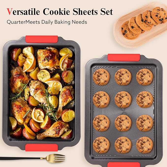 Biubumtu Baking Pans Set with Circle Grooves, 2-Piece 16x11in Nonstick Cookie Sheets for Baking & Roasting, Baking Sheet with Red Grips, PFAS/PTFE Free,Gray
