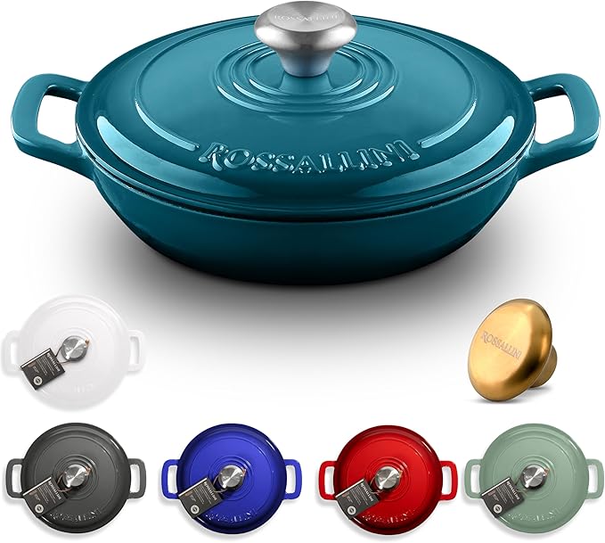 ROSSALLINI Signature Enameled Cast Iron Braiser, Non-Stick Serving Pot with Tight Fitting Lid for Perfect Roasting, Baking, Sauteing, Searing, and Pan Frying | 2.25Q (2.1L) - Ocean Blue