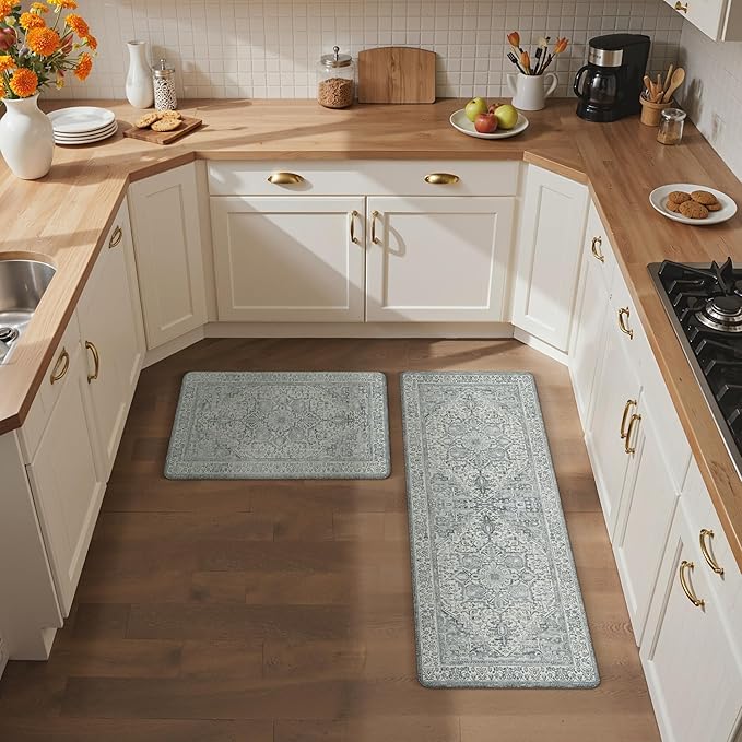 GENIMO Kitchen Mats for Floor, 2PCS Kitchen Rugs Non Slip Washable, Waterproof Anti Fatigue Mat, Comfort Standing Runner Rug for Sink, Office, Laundry, Home, 17.3"x47"+17.3"x30", LightGrey
