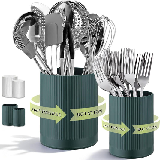 HOMQUEN 360° Rotating Utensil Holder, 6.3''+4.7'' Plastic Kitchen Utensil Holder for Countertop, Large Cooking Utensil Crocks for Kitchen Decor, Utensil Organizer for Spatula, Set of 2 (Green)