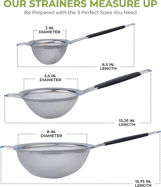 LiveFresh Food Strainer Set - Premium Fine Stainless Steel Fine Mesh Set of Strainers, Colanders and Sifters Crafted for Quinoa and More with Comfortable Non Slip Handles - Set of 3