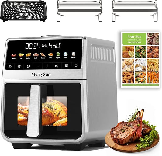 6 Qt Stainless Steel Air Fryer, Stainless Steel Housing& Full Metal Inner Pot, PTFE and PFAS Free, 9 Digital One-Touch Cook Functions,120°F~450°F, 1700W