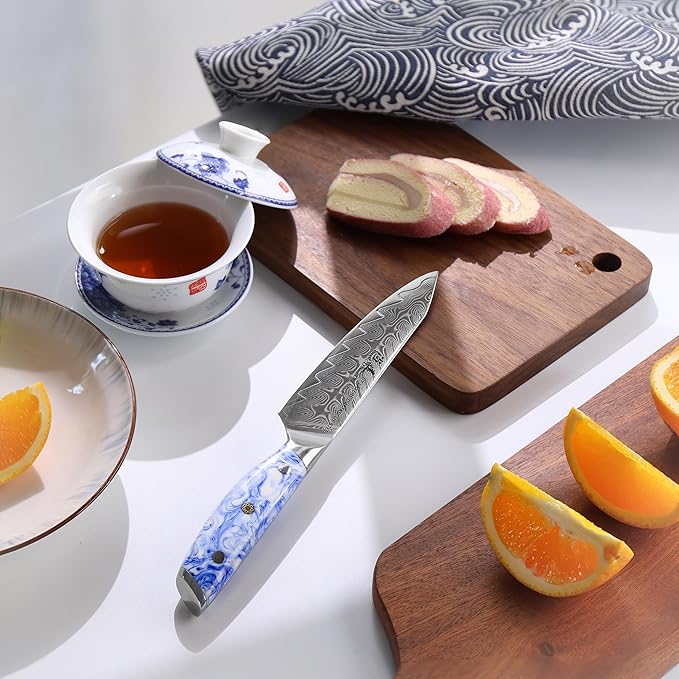 SHANGDAO 5 Inch Kitchen Utility Knife Razor Sharp Fruit and Vegetable Peeling Knives, Forged Damascus Steel with Blue and White Resin Handle - Full Tang - HUA Series
