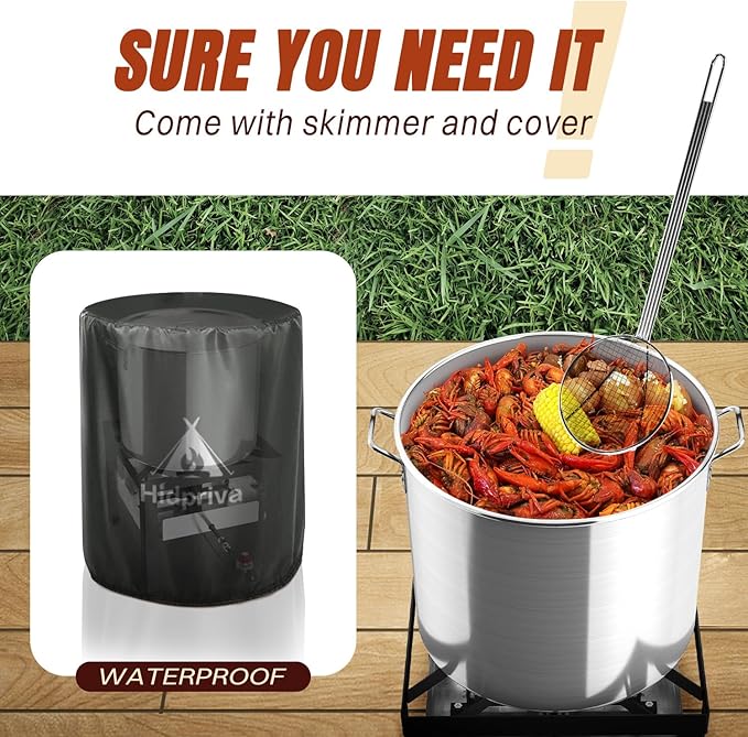 Hidpriva 50QT Crawfish Boiler Kit, Waterproof Cover & 12-inch Skimmer, 110,000BTU Propane Burner Stove, 0-20PSIG Regulator, Aluminum Seafood Boil Pot, Crab Boil Pot with Basket