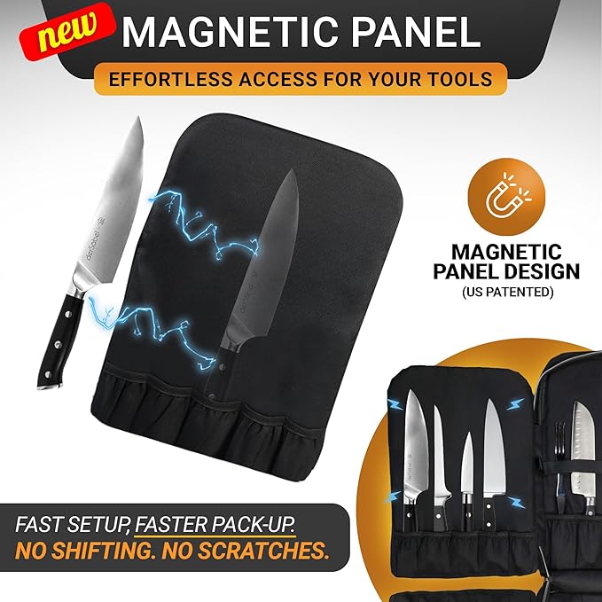 Magnet Chef Knife Backpack | 20+ Pockets for Knives & Tools | Large Pocket for Tablet & Notebooks | Knife Backpack for Chefs (Black)