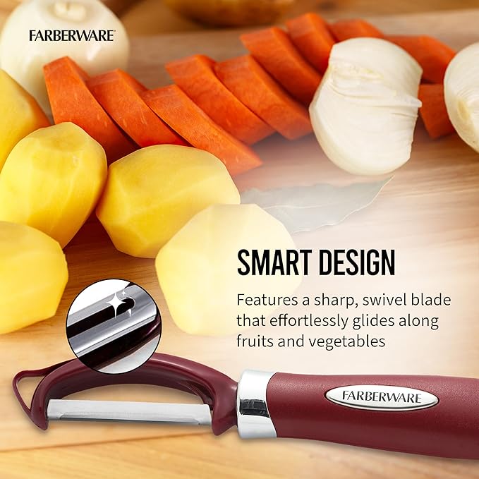 Farberware Euro Peeler, a Kitchen Essential for Quick and Easy Peeling of Produce, Chocolate, Cheeses and More, Features Hang-Hole for Easy Storage, Dishwasher Safe, Red