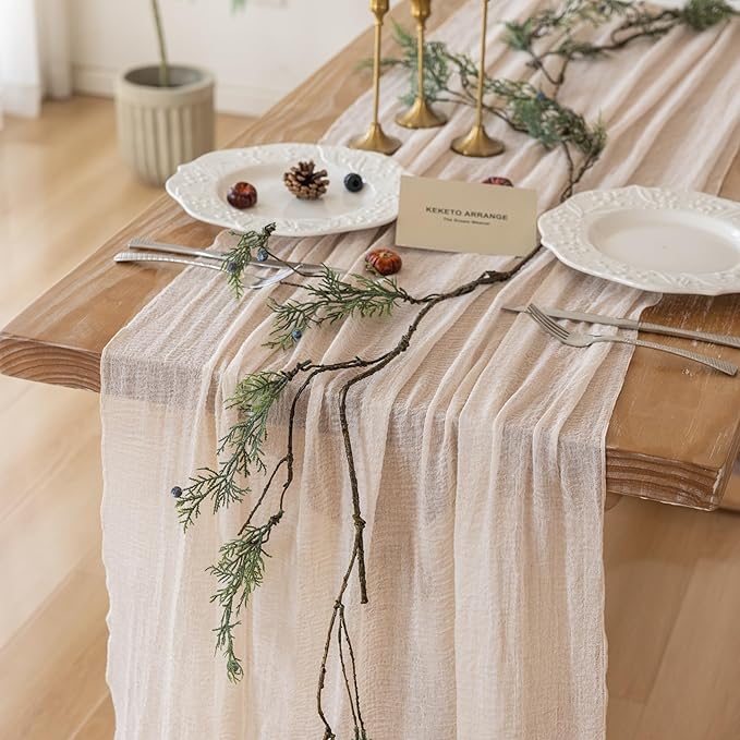 Keketoarrange 3pcs Beige Cheesecloth Table Runner Gauze Rustic 120 Inch 10 FT for Wedding Baby Shower Bridal Shower Birthday Engagement Garden Party Long Sheer Boho Spring Easter Home Decorations