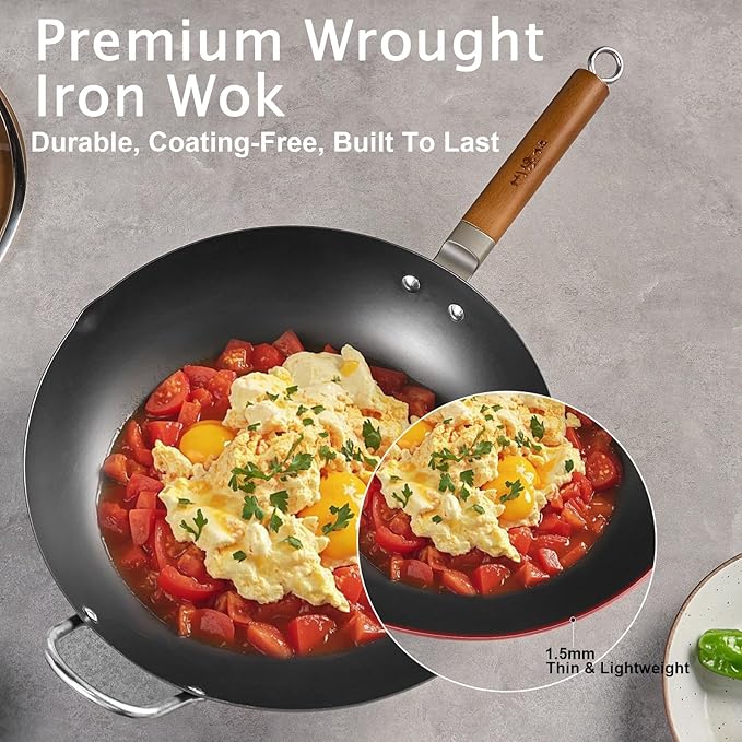 WANGYUANJI Carbon Steel Wok 14.2", Large Nitriding Flat Bottom Stir Fry Pan with Lid, No Chemical Coating Rust Resistant Iron Skillet for Induction Electric Gas Stoves, Big Capacity Serves 6+