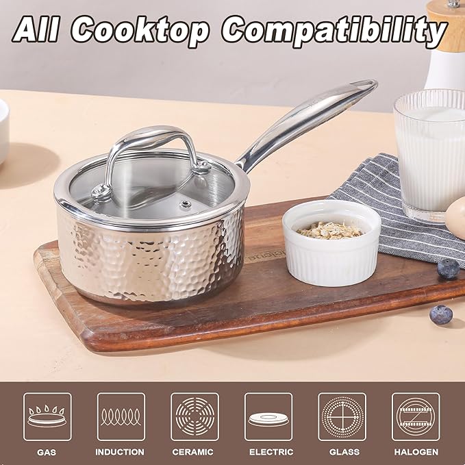 KC-Emier 1-Quart Saucepan with Lid, Tri-Ply Stainless Steel Pot with Stay-Cool Handle & All Cooktop Compatibility (Gas, Ceramic, Electric) - Silver Hammered