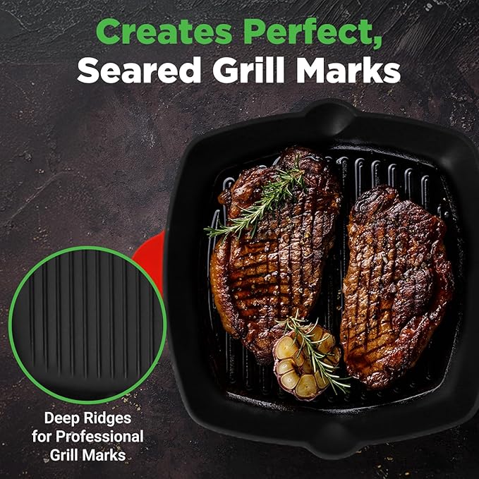 NutriChef Nonstick Cast Iron Grill Pan - 11-Inch Kitchen Square Skillet Grilling Pan, Enameled Steak w/Side Drip Spout For Electric Stovetop, Induction, Gas, Black (NCCIES47.5)