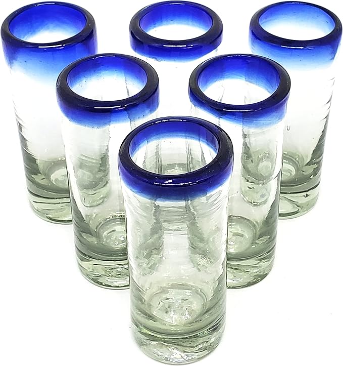 Cobalt Blue Rim 2 oz Tequila Shot Glasses (set of 6), Recycled Glass, Lead-free, Toxin-Free (Shot)