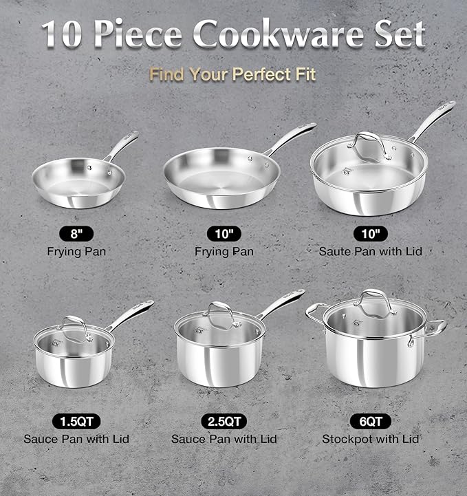 KOCH SYSTEME CS Tri-Ply Stainless Steel Cookware Set 10 Piece, Professional 18/10 Stianless Steel Pots and Pans Set, Oven & Induction Safe, Non-Toxic Kitchen Cookware Set for Family Cooking, 10pcs