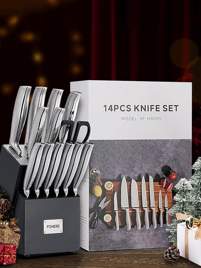 Knife Block Set, FOHERE Knife Set with Advanced Self Sharpening Technology, 14 Pieces Waved Texture Kitchen Knife Set, Stainless Steel Knife Set with Block, Sharp Knives with Non-slip Ergonomic Handle