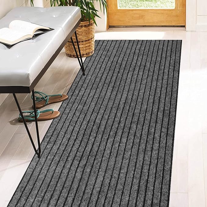 3' x 77' Runner Rugs with Rubber Backing, Indoor Outdoor Utility Carpet Runner Rugs, Stripe Gray, Can Be Used as Aisle for The RV and Boat, Laundry Room and Balcony