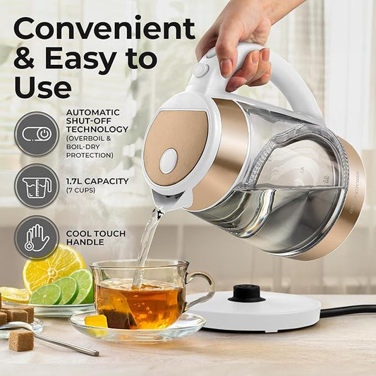 Zulay Kitchen Fast Boiling Electric Water Kettle - 1.7L, 1500W, Auto Shut-Off for Overboil & Boil Dry Protection, Cool-Touch Handle, 360° Base - Rapid Teapot Boiler For Coffee & Tea - White Copper
