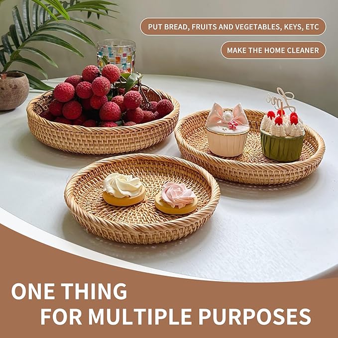 9 Inch Rattan Basket Tray Woven Round Decorative Wicker Tray Stackable for Kitchen Tabletop Fruit Candy Bread