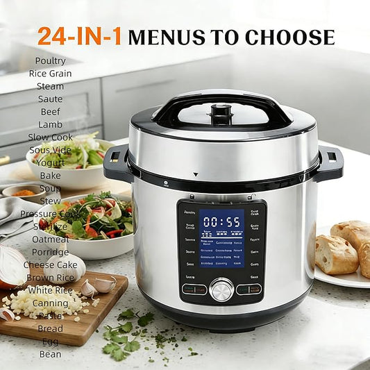 Simple Deluxe Electric Pressure Cooker 6.3 Quart, 24-in-1 Stainless Steel & Non-Stick Multi Cooker for Slow Cooking, Yogurt, Steam, Rice, Poultry, Beef, Bake, Porridge, Dishwasher Safe, Silver