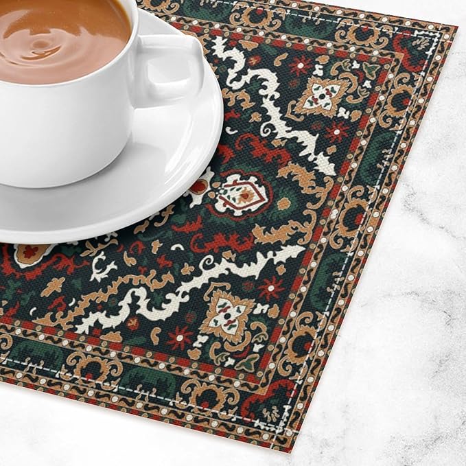 Boho Tribal Ethnic Placemats Set of 4 Rustic Farmhouse Retro Red Floral Art Printed Dining Table Mats for Restaurant Home Kitchen Holiday Picnic Party Decor 12x18in