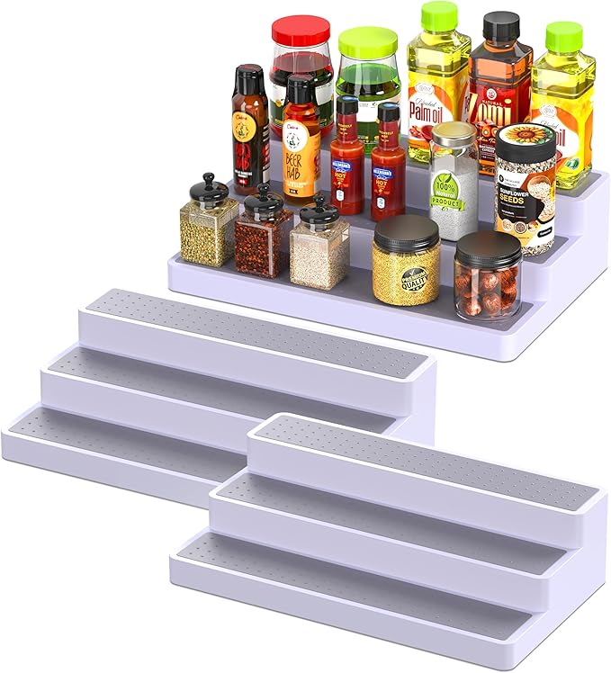 YAN & HIN 3pcs/set 3-Tier Spice Rack Organizer for Cabinet with Non-Skid Surface, Seasoning Racks, Shelf Organizers, Kitchen Spice Storage & Pantry Organization, 14 x 7 x 2.95 inches