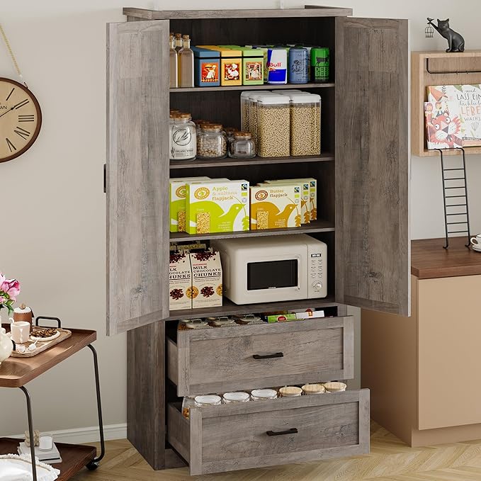 Pantry Organizers and Storage Cabinet, 71” Barn Door White Kitchen Cabinet with Drawers and Adjustable Shelf, Tall Pantry for Kitchen, Dining Room, Living Room. Bathroom and Office