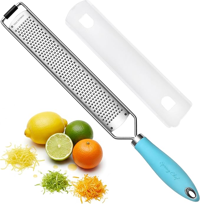 Spring Chef Stainless Steel Lemon Zester Grater with Handle - Garlic, Cheese, Parmesan, Nutmeg, Lime, Ginger Grater - Heavy Duty Kitchen Tool - Citrus Zester with Blade Cover - Fine Shred - Aqua Sky