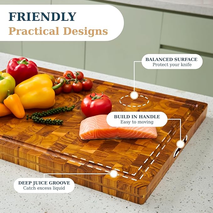 Bearchop Teak Cutting Boards for Kitchen, [17" x 13" x 1.5"] Medium End Grain Cutting Boards, Solid Teak Wood Butcher Block Cutting Board with Juice Grooves and Handle, Knife Friendly and Reversible