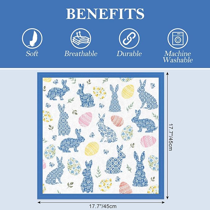 Easter Bunny Napkins, 18×18 Inch Blue Floral Egg Dinner Cloth Napkins Set of 4, Washable Cotton Soft Absorbent Square Napkins for Dining Kitchen Party Wedding Decoration