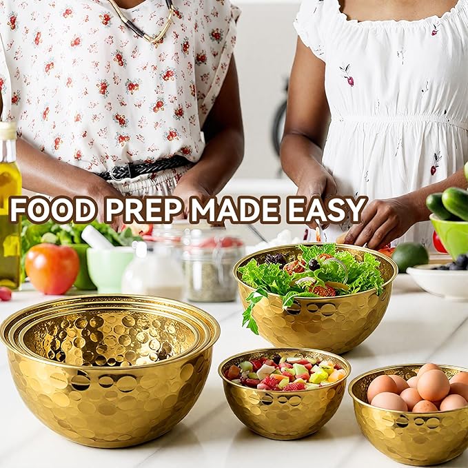 Gold Mixing Bowls Hammered Mixing Bowl Set, Stainless Steel Golden Finish Decorative Serving Bowls for Kitchen, 3 Piece Salad Bowl for Prepping Cooking Baking Serving Gold Serving Bowls for Home Decor