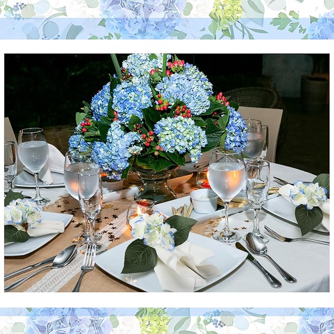 6 Pcs Artificial Hydrangea Napkin Rings Spring Summer Napkin Ring Holder Boho Floral Rustic with Artificial Leaves for Weddings Dinner Spring Summer Gathering Table Decoration (Hydrangea)