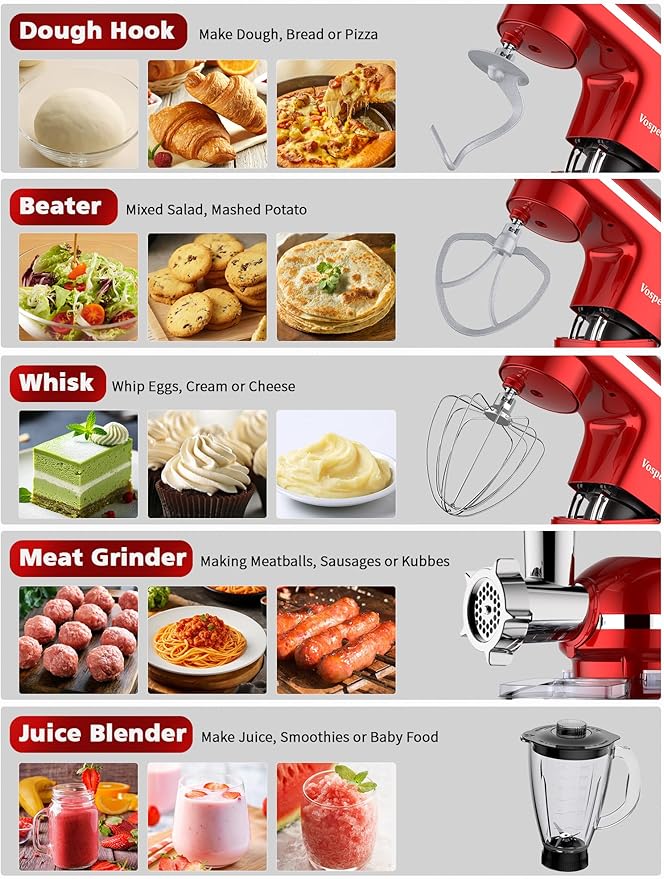 Stand Mixer 9 IN 1, 850W Tilt-Head Multifunctional Electric Mixer with 8 QT Stainless Steel Bowl, 1.5L Glass Jar, Meat Grinder, Hook, Whisk, Beater Dishwasher Safe (Red)