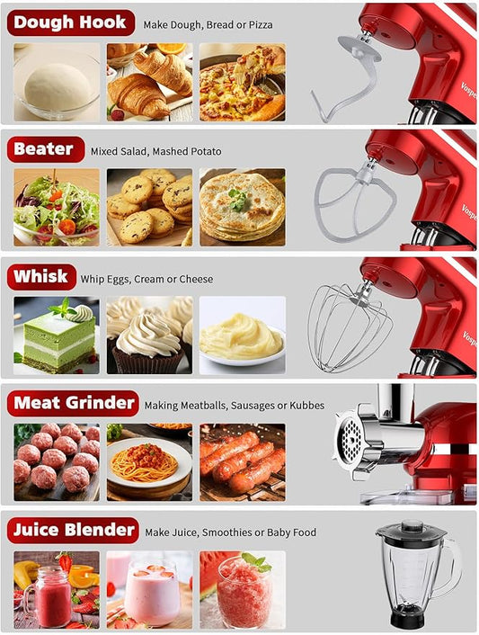 Stand Mixer 9 IN 1, 850W Tilt-Head Multifunctional Electric Mixer with 8 QT Stainless Steel Bowl, 1.5L Glass Jar, Meat Grinder, Hook, Whisk, Beater Dishwasher Safe (Red)