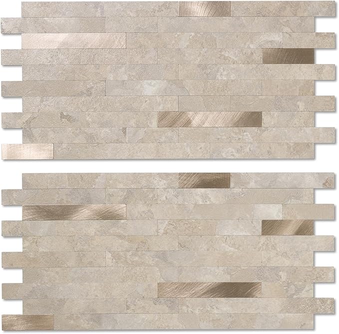 Yipscazo 20 Sheets Peel and Stick Stone Metal Backsplash, PVC Wall Tiles Stick on Tiles for Backsplash Kitchen, Bathroom, Fireplace (6'' X 12'', Beige Stone)