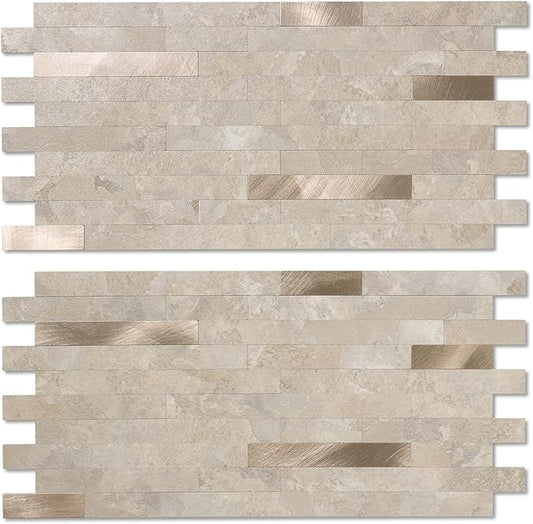 Yipscazo 20 Sheets Peel and Stick Stone Metal Backsplash, PVC Wall Tiles Stick on Tiles for Backsplash Kitchen, Bathroom, Fireplace (6'' X 12'', Beige Stone)