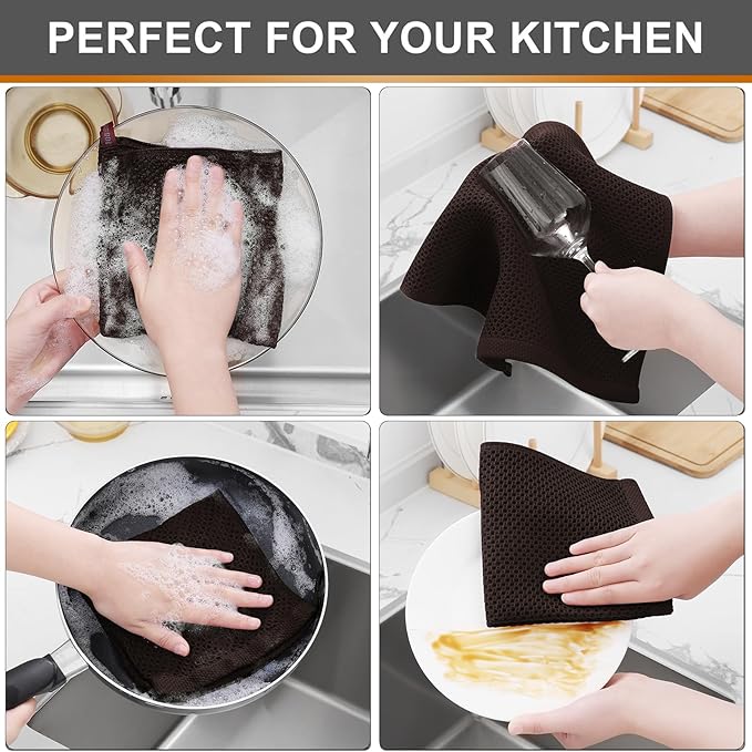 Kitinjoy 100% Cotton Kitchen Dish Cloths, 12 Pack Waffle Weave Ultra Soft Absorbent Dish Towels for Drying Dishes Quick Drying Kitchen Towels Dish Rags, 12 X 12 Inches, Dark Brown