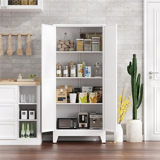 Kitchen Pantry Cabinet with Barn Doors,61" H x 27.5" W,Metal Farmhouse Storage Cabinet with Adjustable Shelves,4-Tier Storage Cabinet for Kitchen Dining Room Garage Office,White