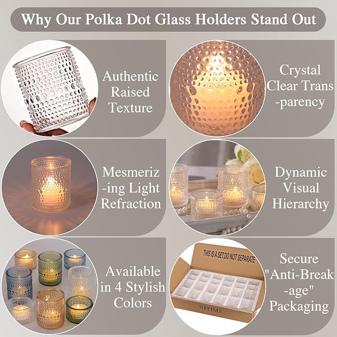 Glass Votive Candle Holders Set of 24, Assorted Heights Polka Dot Tea Light Holders for Wedding Centerpieces, Table Decor, Party & Home Decoration, Fits Standard Votives & Tea Lights