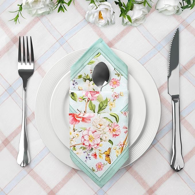 Bird Flower Napkins, 18×18 Inch French Country Dinner Cloth Napkins Set of 6, Washable Cotton Soft Absorbent Square Napkins for Dining Kitchen Party Wedding Decoration