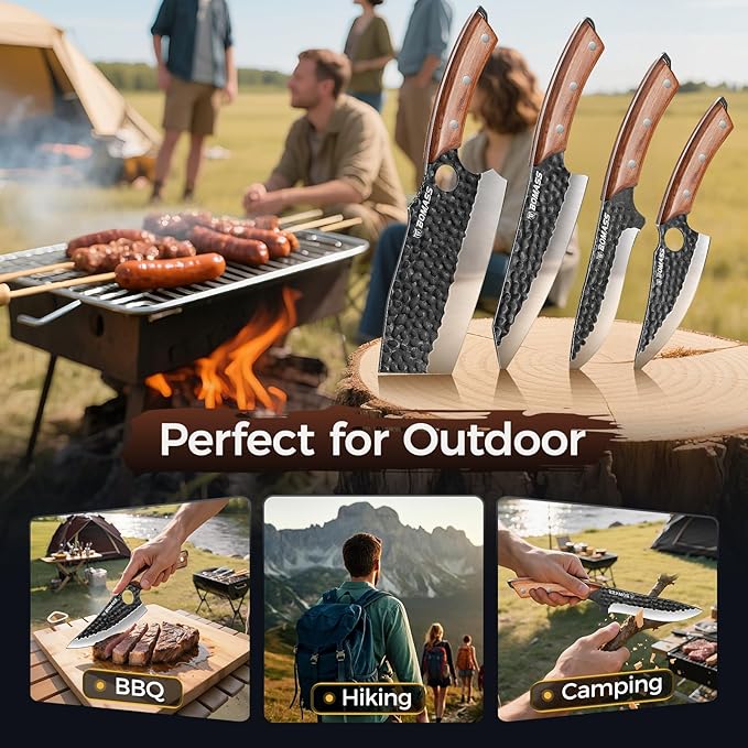 4 PCS Butcher Knife Set Hand Forged, High Carbon Steel Japanese Santoku, Serbian Chef Knife, Viking Knife, Boning Knife, Honing Rod for Kitchen, Outdoor Cooking, BBQ, Camping, Gift for Men