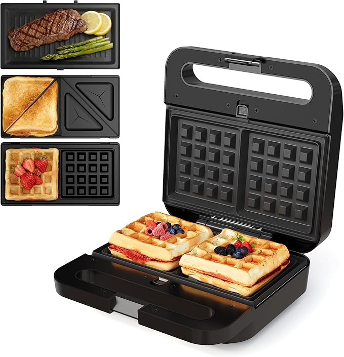 Sunvivi 3 in 1 Sandwich Maker, Electric Waffle Maker with Removable Non-stick Plates, 1000W Panini Press Grill with Glass Top, Cool Touch Handle & Easy to Clean, Black