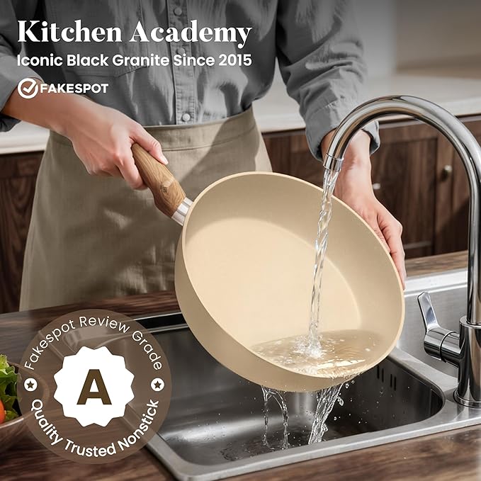 Kitchen Academy Induction Pots and Pans Set Non Stick - 12 Pieces Nonstick Kitchen Cookware Set, Granite Cooking Set Pots and Pans, Beige