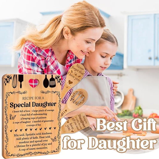 Gifts for Daughter - "Recipe for a Special Daughter" Daughter Birthday Gifts Cutting Board Set, Bamboo-Made Engraved Utensil Set Birthday Gifts for Daughter, Daughter Gifts