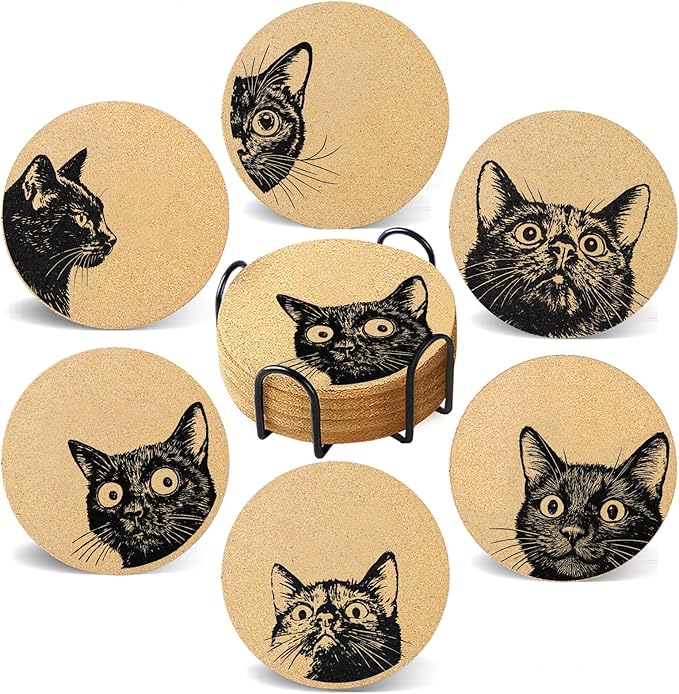 Coasters for Drinks with Holder Set of 6, Curious Cat Cork Coaster Absorbent for Office Desk Cat Table Coasters Kitchen Decor House Warming Gifts for New Home Couples, Round 4"